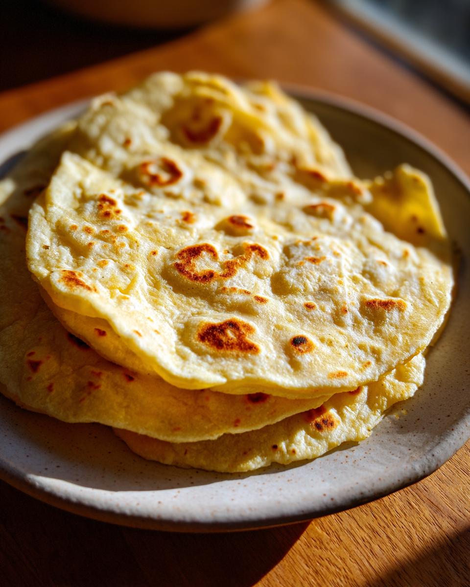 Close-up of a stack of soft, freshly cooked corn tortillas with golden-brown spots on a speckled plate.