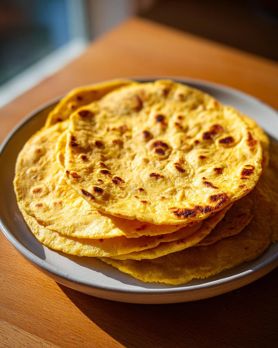 A close-up stack of warm, yellow corn tortillas with light char marks resting on a light gray plate.