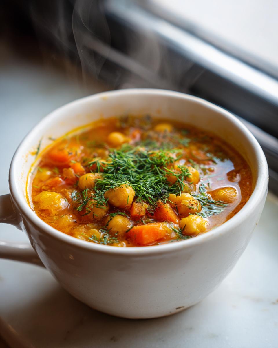 Close-up of a steaming white mug filled with vibrant greek chickpea soup, topped generously with fresh dill.