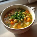Close-up of a steaming white bowl filled with hearty greek chickpea soup, featuring chickpeas, carrots, and topped with fresh dill.