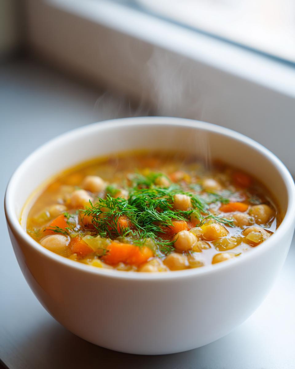 Close-up of a steaming white bowl filled with vibrant greek chickpea soup, topped with fresh dill.