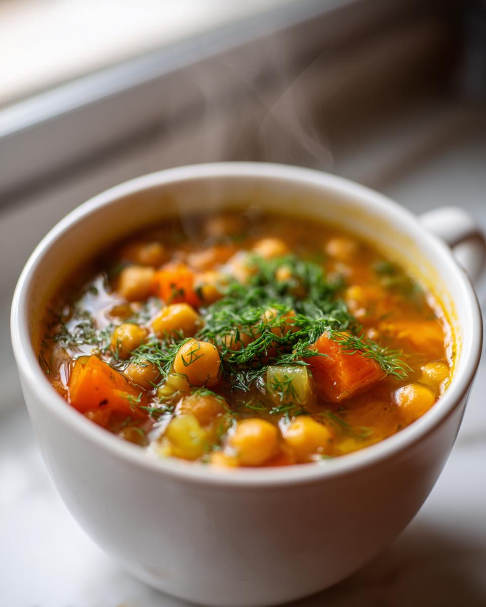 Close-up of a steaming white bowl filled with vibrant greek chickpea soup, featuring chickpeas, carrots, and fresh dill.