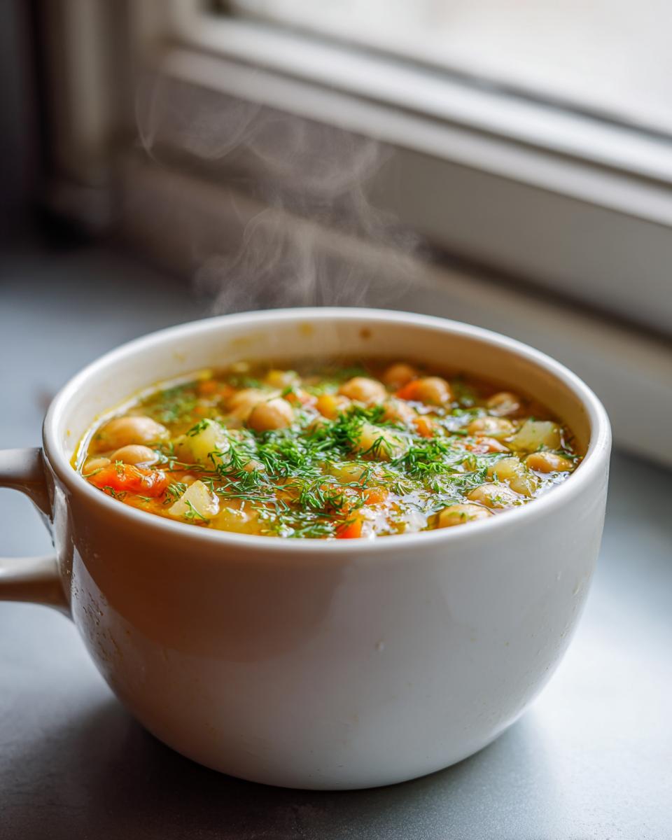 A steaming white mug filled with hearty greek chickpea soup, topped with fresh dill.