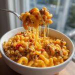A spoonful of cheesy taco pasta being lifted from a white bowl, showing long, stretchy cheese pulls.