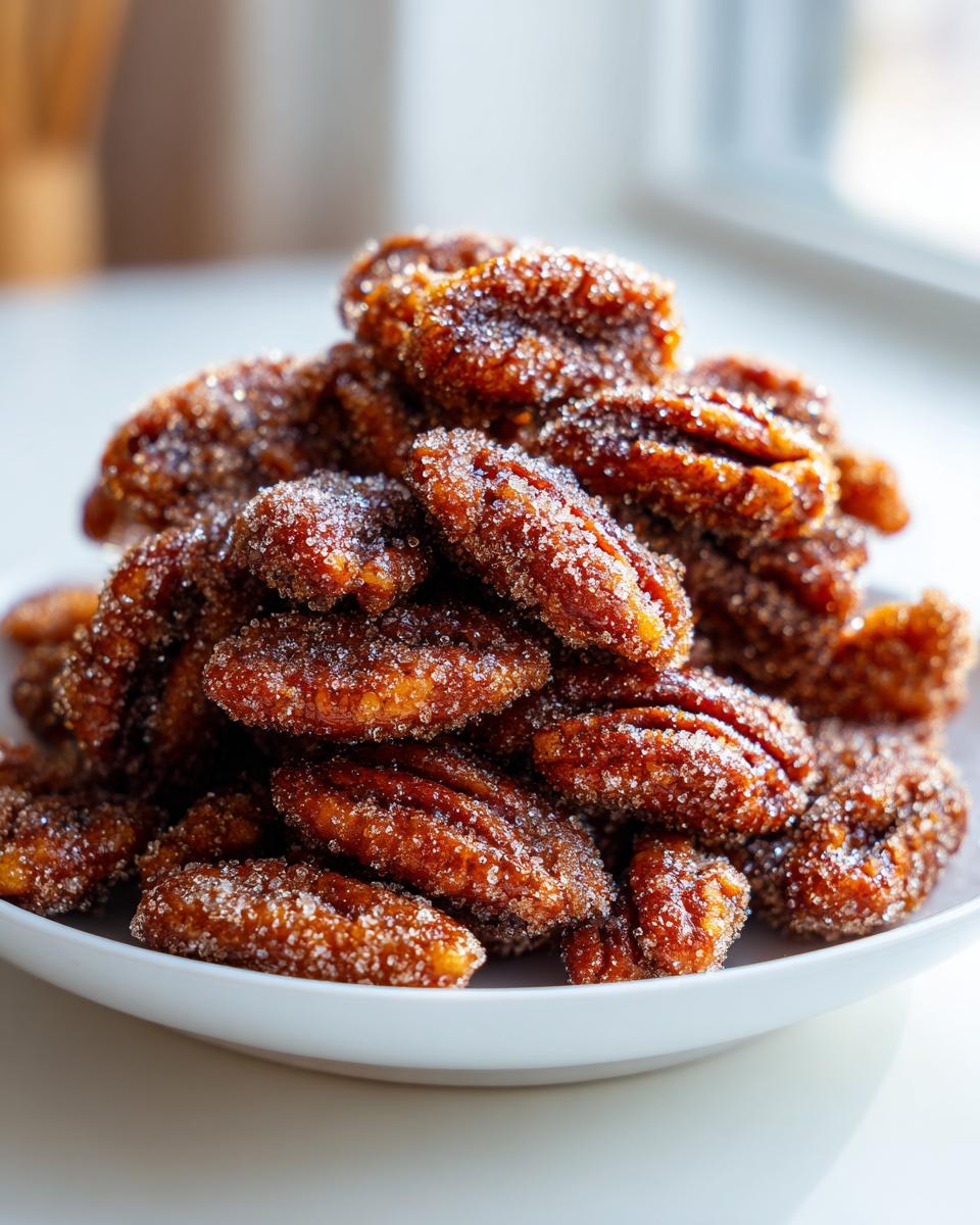 A close-up of a white bowl piled high with glistening, sugary candied pecans.