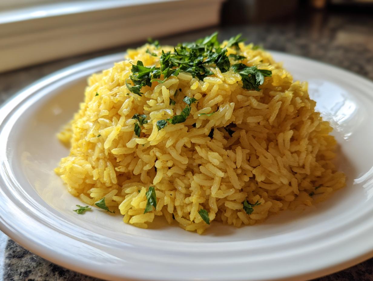 A mound of bright yellow turmeric rice garnished with fresh chopped parsley, served on a white plate.
