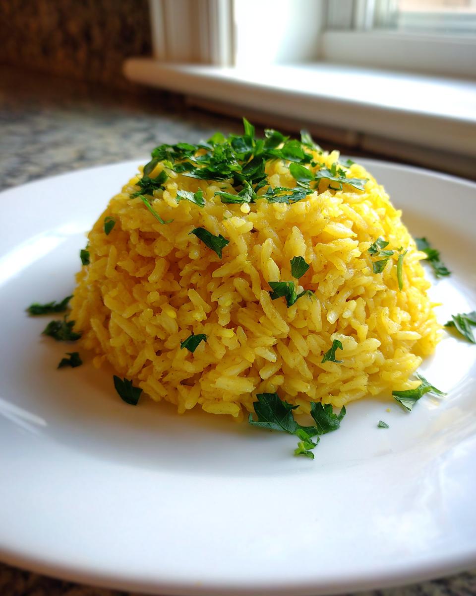 A mound of bright yellow turmeric rice, perfectly shaped and topped with fresh chopped parsley, served on a white plate.