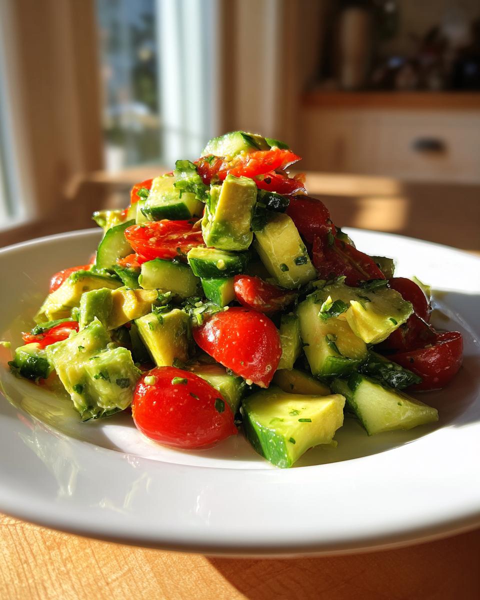 A close-up of a fresh avocado salad featuring diced avocado, cucumber chunks, and bright red cherry tomatoes.