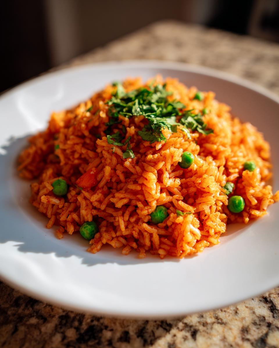 A close-up of bright orange Mexican rice mixed with green peas, topped with fresh cilantro.