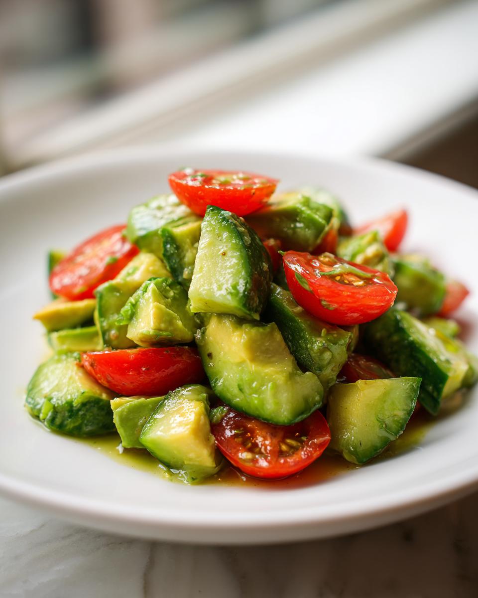 Close-up shot of a vibrant avocado salad featuring chunks of ripe avocado and halved cherry tomatoes tossed in a light dressing.