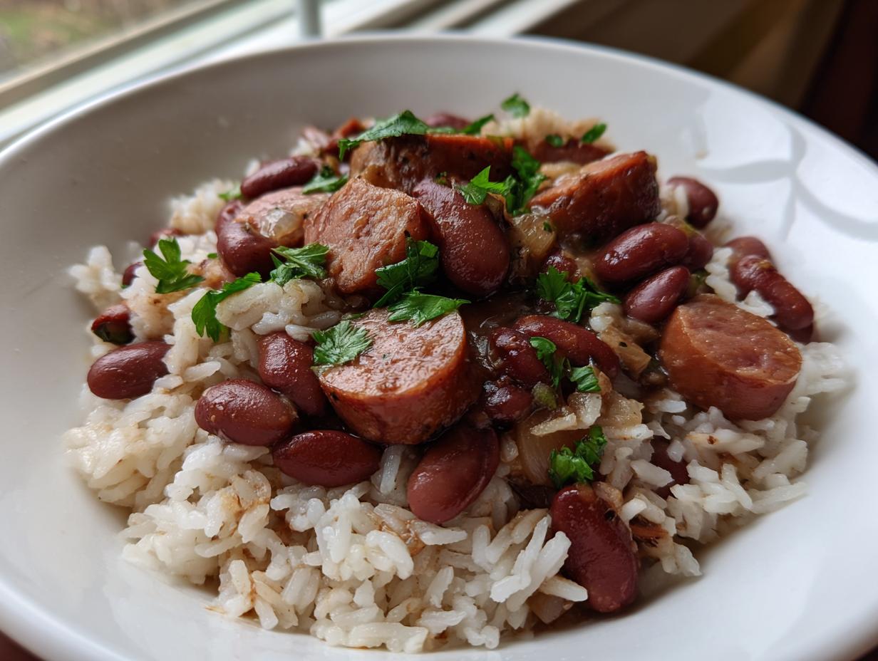 Close-up of a white bowl filled with white rice topped with red kidney beans, sliced smoked sausage, and fresh parsley, showcasing the beans and rice dish.