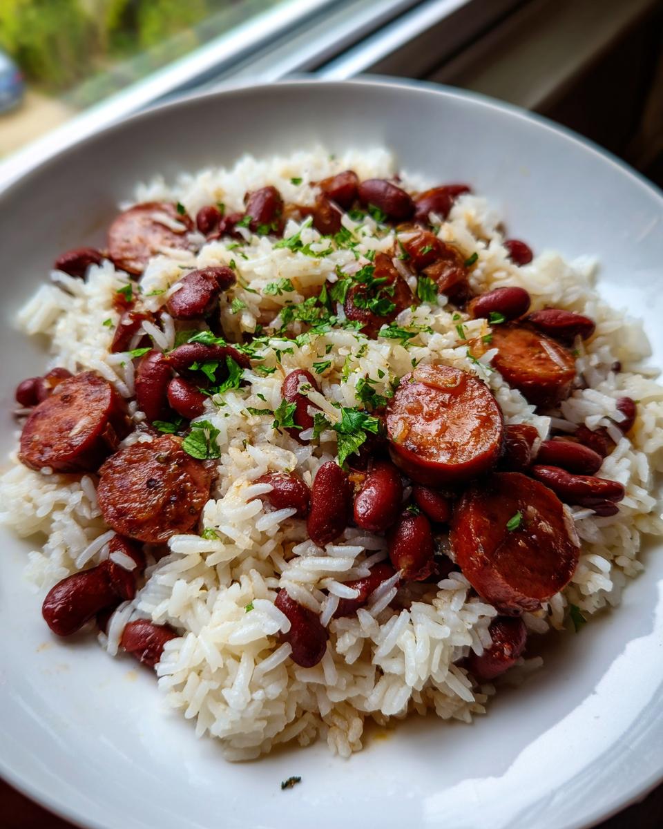 Close-up of a white bowl filled with fluffy white rice, red kidney beans, and sliced smoked sausage, garnished with parsley, showcasing the beans and rice dish.