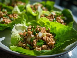 Close-up of fresh chicken lettuce wraps filled with savory ground chicken mixture and topped with green onions.