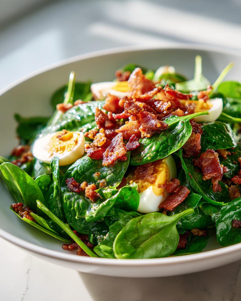 Close-up of a vibrant spinach salad topped generously with crumbled bacon and sliced hard-boiled eggs.