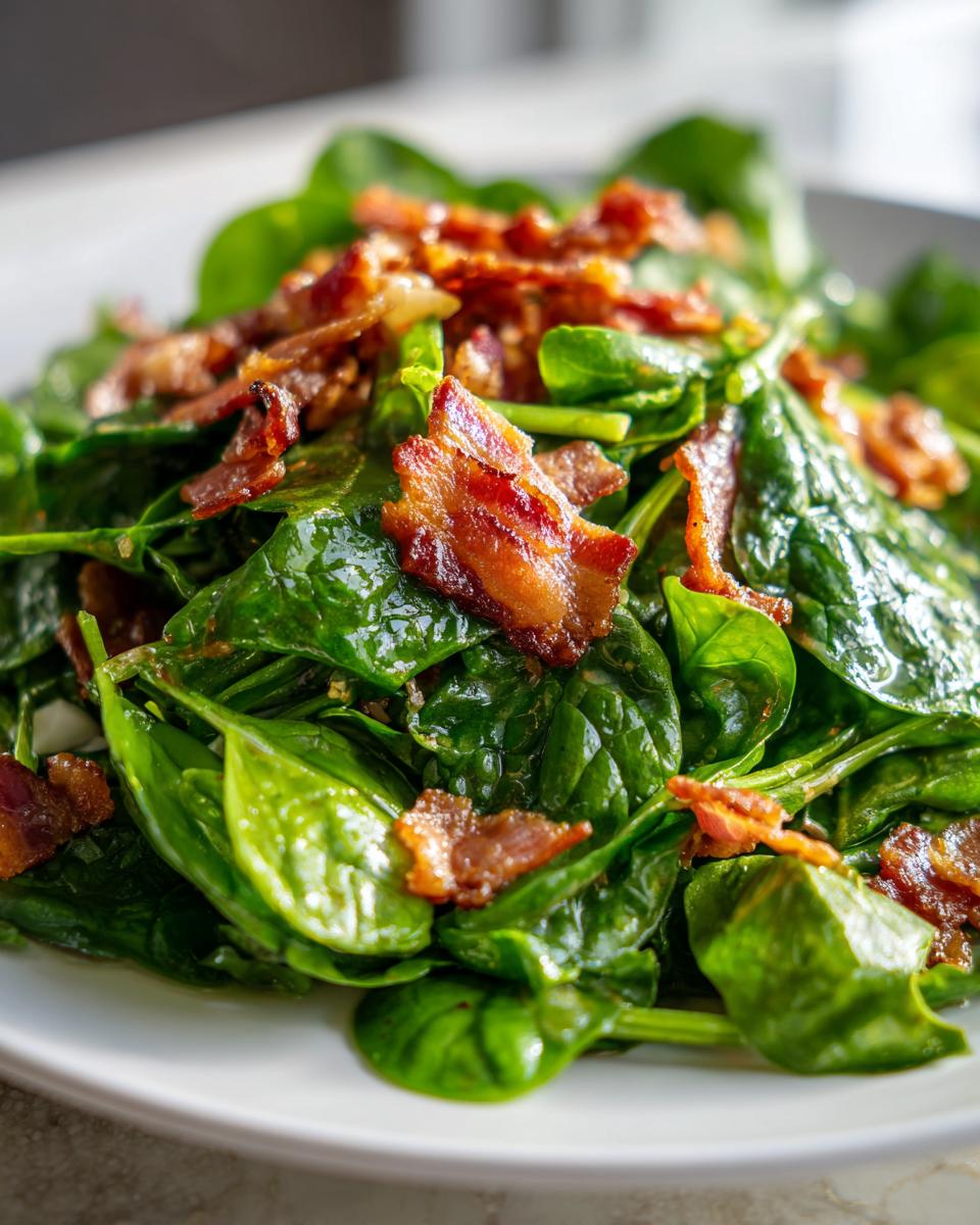 A close-up of fresh, glossy spinach salad topped generously with crispy, crumbled bacon pieces.