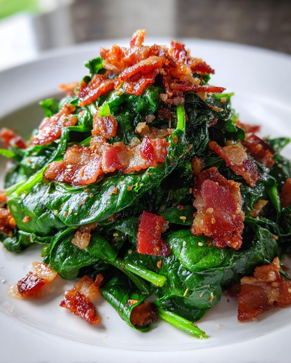 Close-up of a warm spinach salad topped generously with crispy, crumbled bacon pieces.