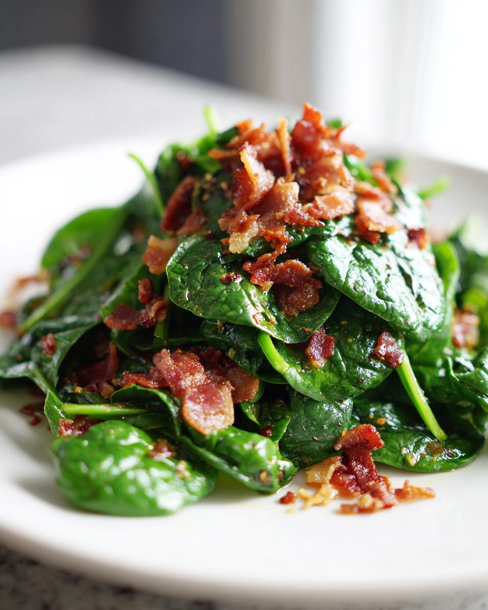 Close-up of a vibrant spinach salad tossed lightly and topped generously with crispy bacon crumbles.