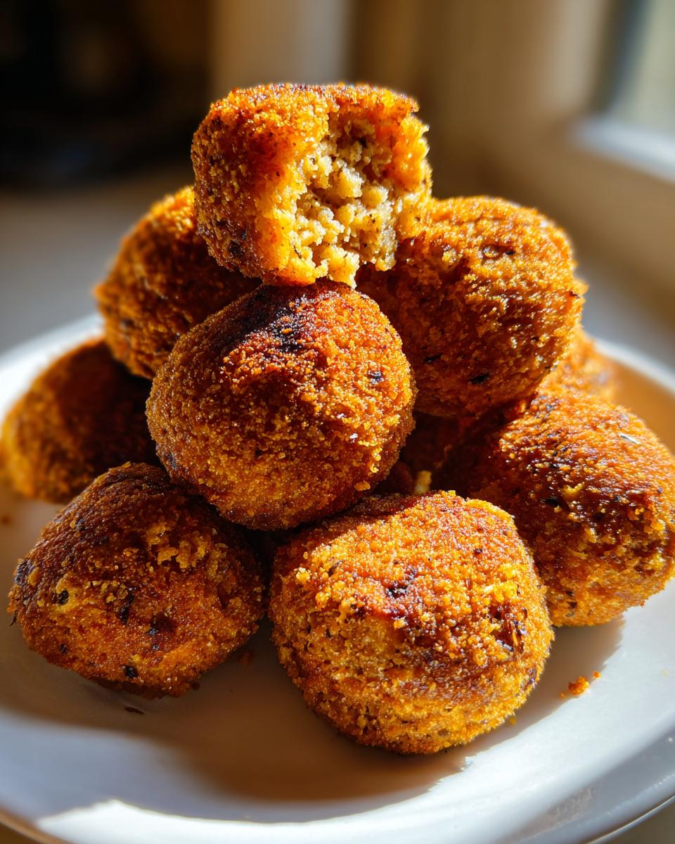 A stack of perfectly golden brown, crispy stuffing balls, with one broken open showing the soft interior.