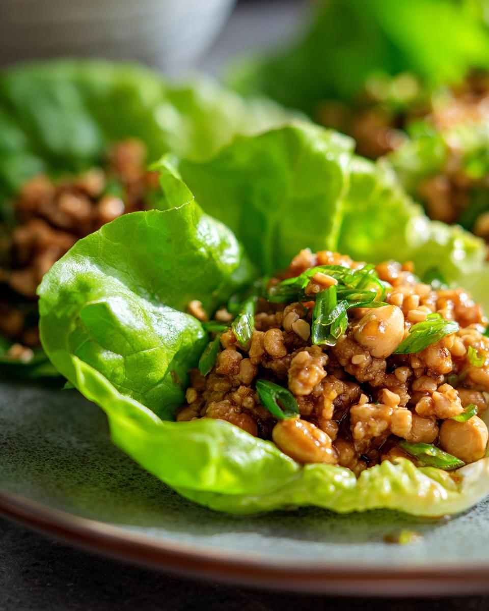 A close-up of a fresh lettuce cup filled with savory ground chicken mixture for chicken lettuce wraps, topped with peanuts and green onions.