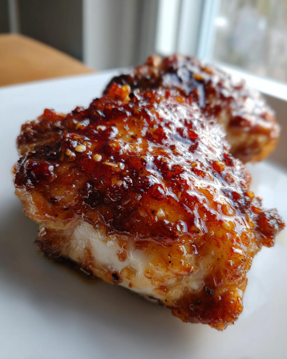 A close-up of a piece of juicy chicken coated in a thick, glossy honey garlic chicken glaze.