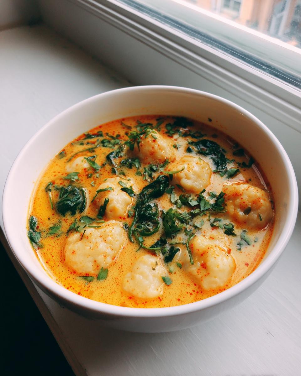 A white bowl filled with creamy, orange-hued coconut curry soup with dumplings, spinach, and fresh herbs.