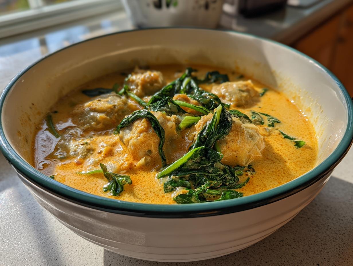 A close-up of a bowl filled with rich, orange coconut curry soup with dumplings and wilted spinach.