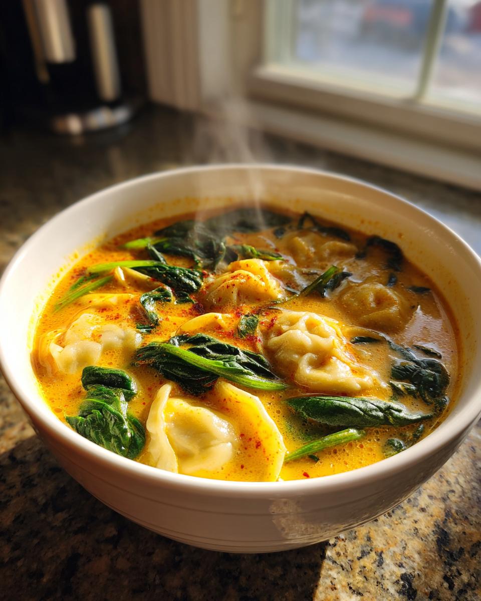 A close-up of a steaming bowl of vibrant yellow coconut curry soup with dumplings and wilted spinach.