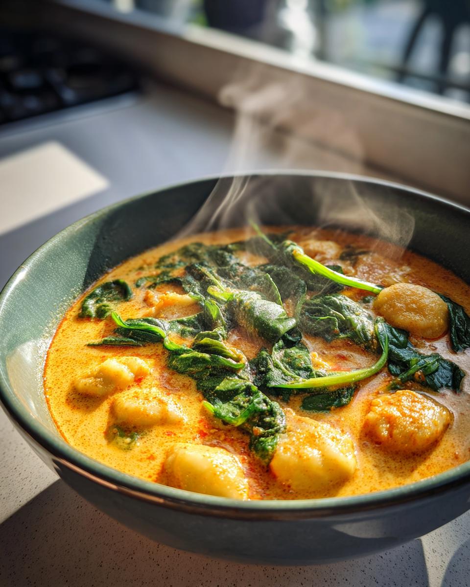 A close-up of hot coconut curry soup with dumplings and wilted spinach, steaming in a dark bowl.