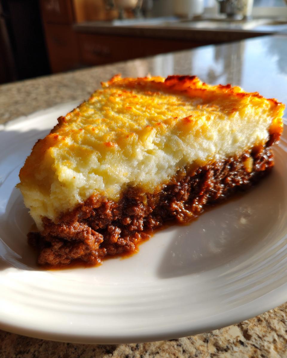 A thick slice of cottage pie showing a rich, dark ground beef base topped with golden, fluffy mashed potatoes.