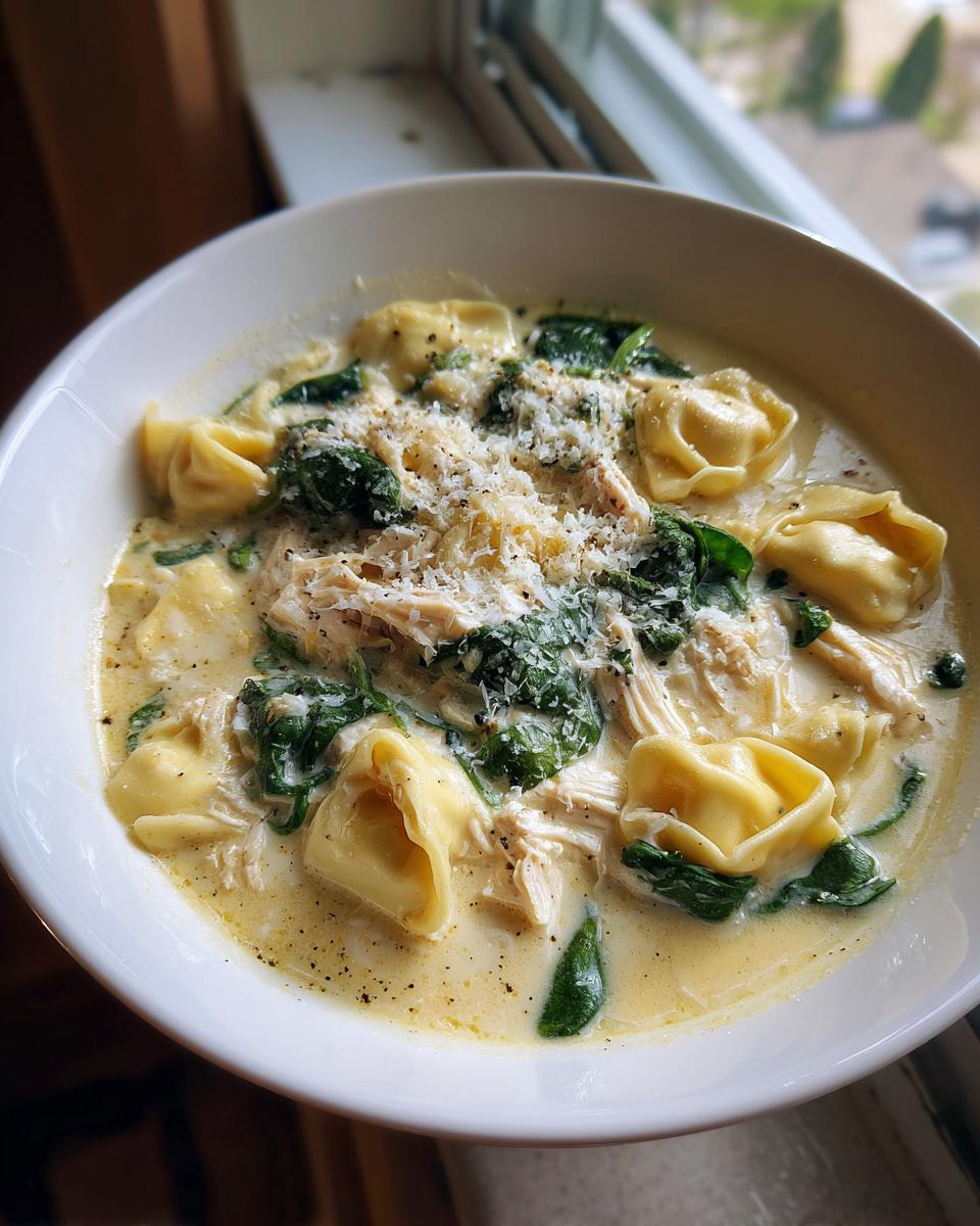 A close-up of creamy chicken tortellini soup featuring tortellini, shredded chicken, spinach, and grated Parmesan cheese.