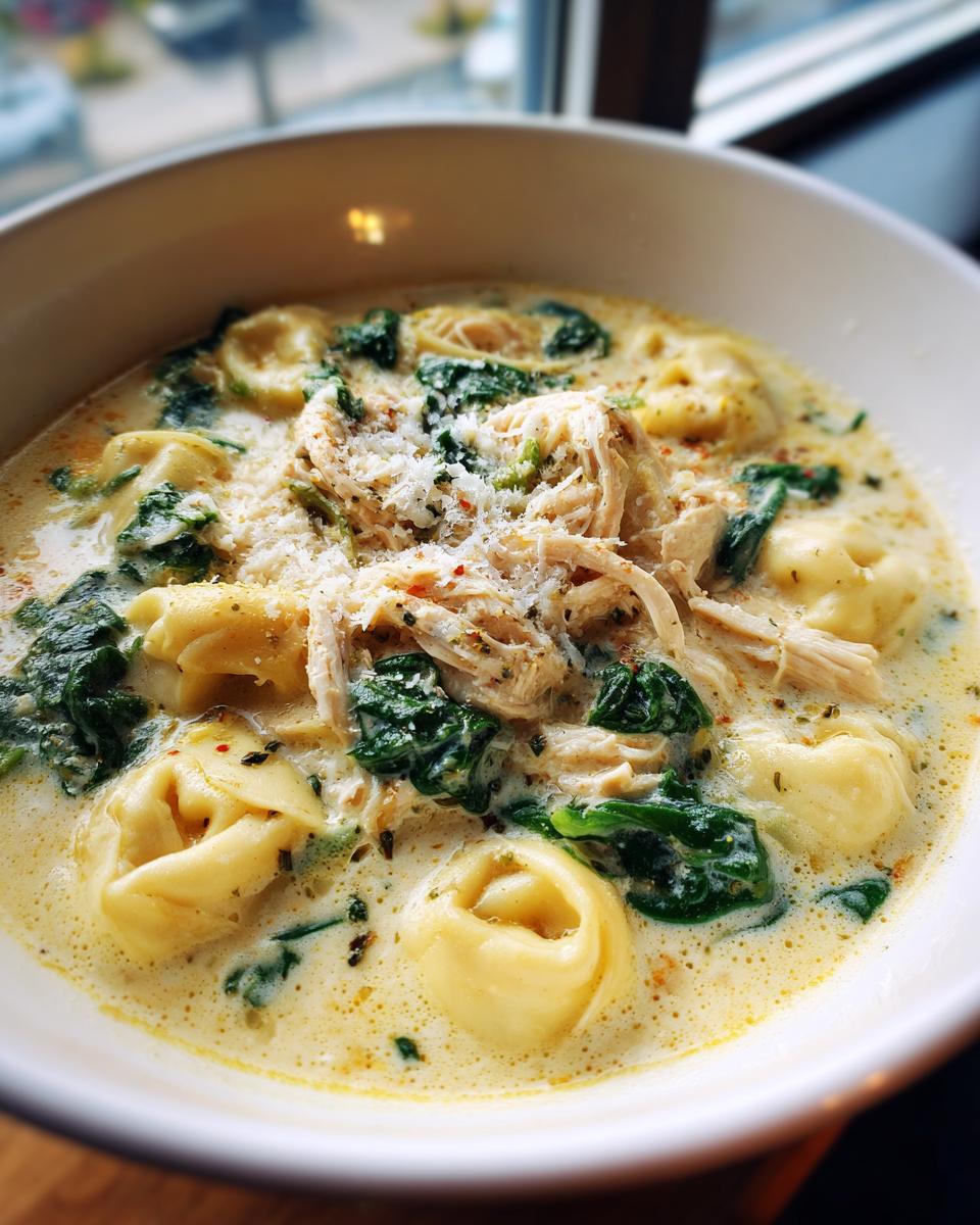 Close-up of a bowl of creamy chicken tortellini soup topped with shredded chicken, spinach, and grated Parmesan cheese.