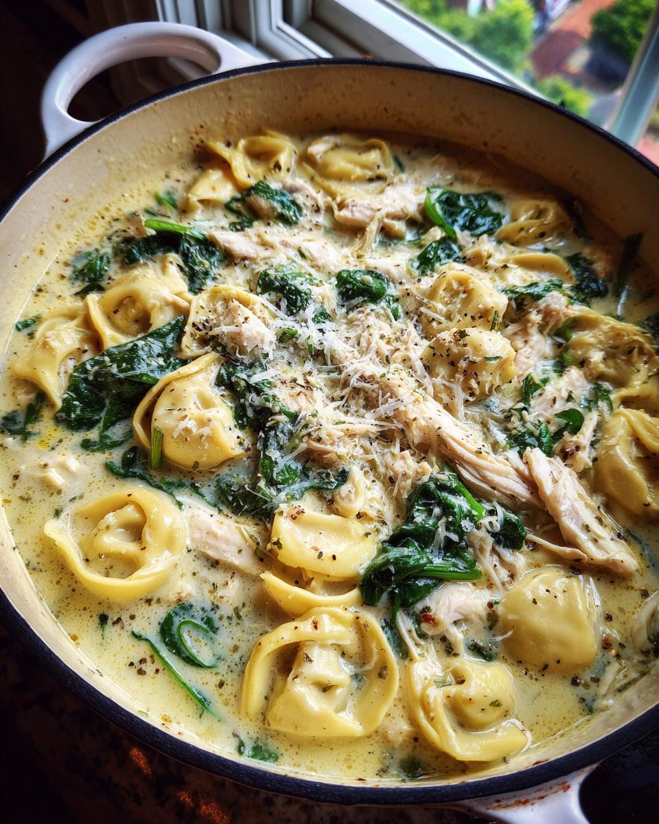 Close-up of creamy chicken tortellini soup with spinach, shredded chicken, and grated Parmesan cheese.