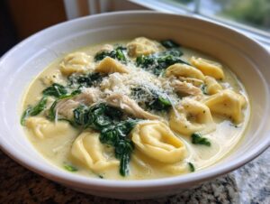 A close-up of a white bowl filled with creamy chicken tortellini soup, featuring tortellini, shredded chicken, wilted spinach, and grated Parmesan cheese.