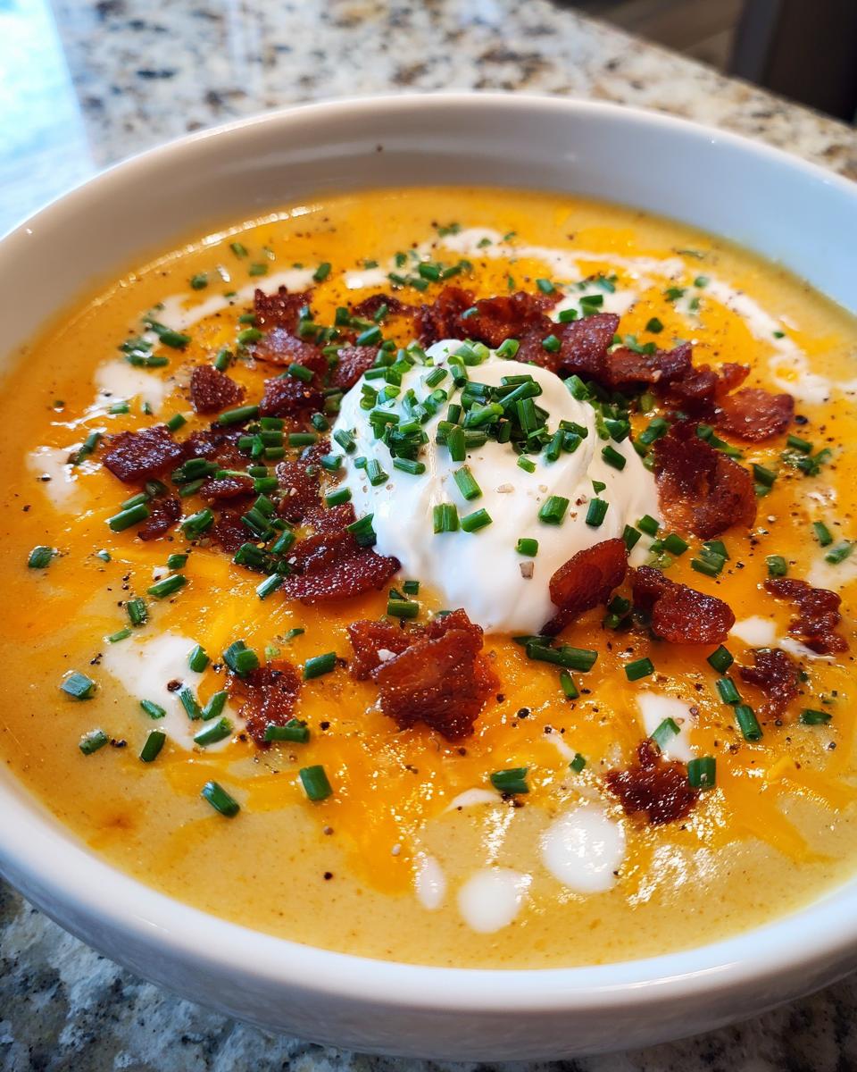 Close-up of a creamy potato soup recipe topped with cheddar cheese, sour cream, bacon bits, and fresh chives.