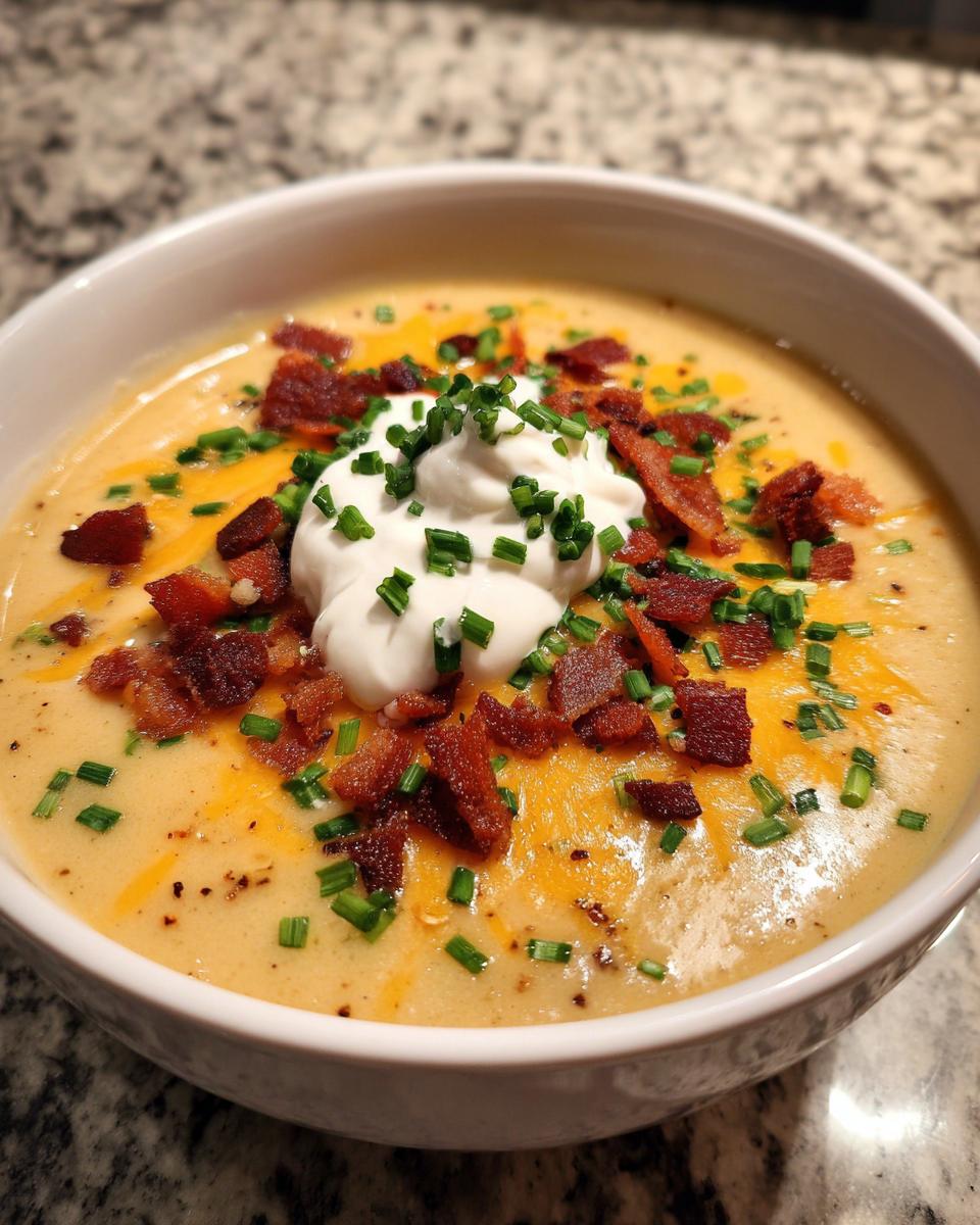 A close-up of a creamy potato soup recipe topped with sour cream, bacon bits, shredded cheese, and fresh chives.
