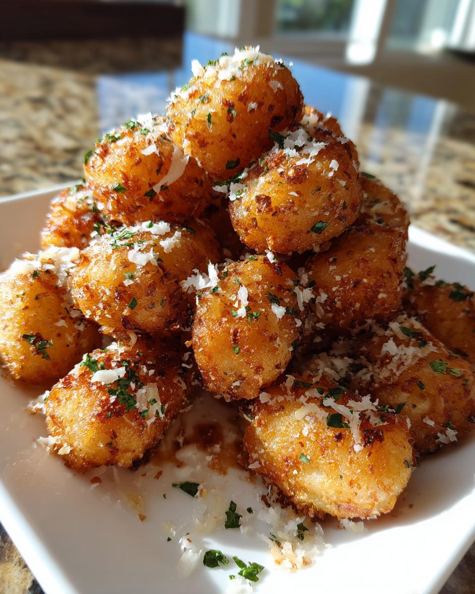 A pile of golden brown, crispy air fryer gnocchi dusted with grated Parmesan cheese and fresh parsley.
