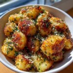 A close-up of golden brown, crispy air fryer gnocchi tossed with grated Parmesan cheese and fresh parsley.