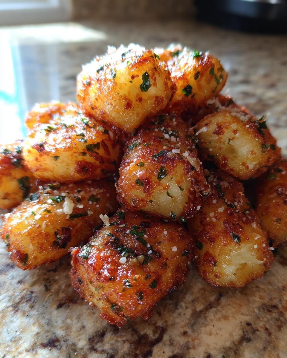 A close-up pile of golden brown, crispy air fryer gnocchi seasoned with parsley and grated Parmesan cheese.