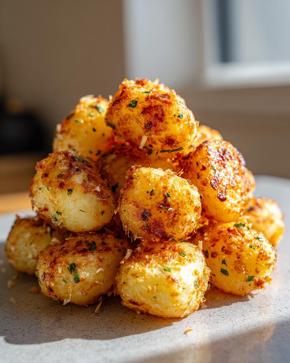 A close-up stack of golden brown, crispy air fryer gnocchi seasoned with herbs and Parmesan cheese.