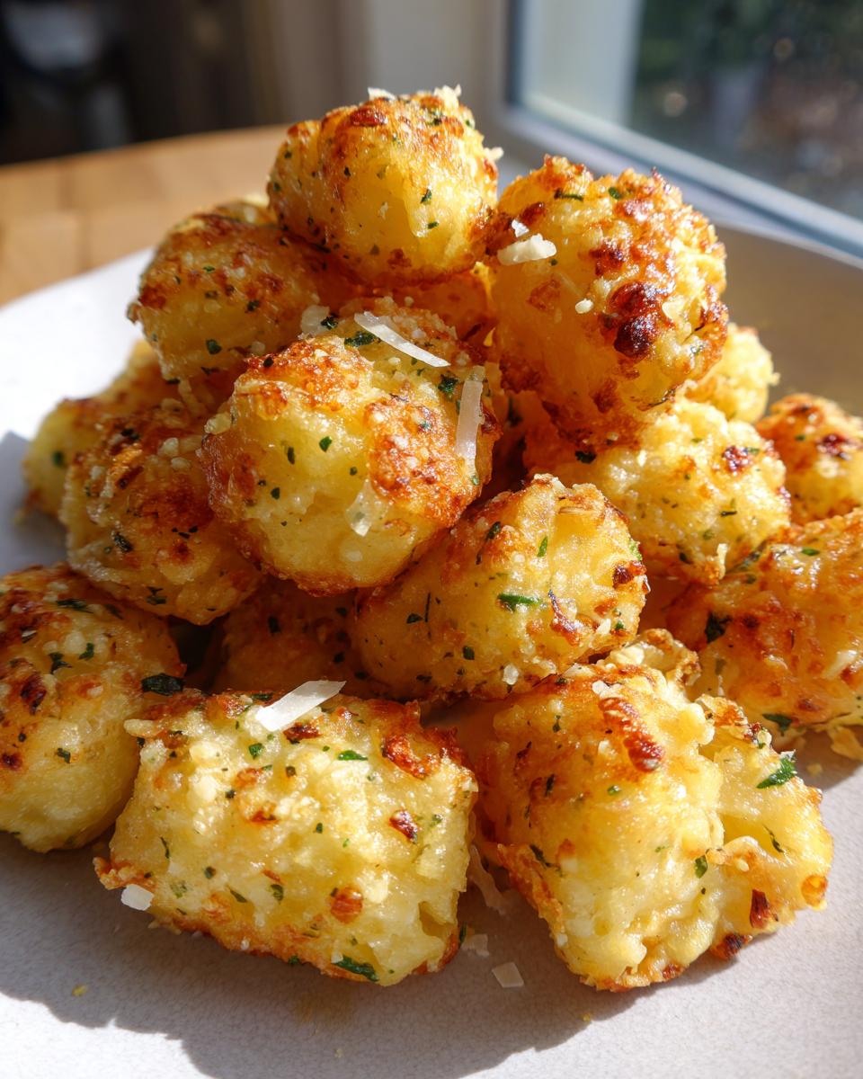 A close-up pile of golden brown, crispy air fryer gnocchi seasoned with herbs and Parmesan cheese.