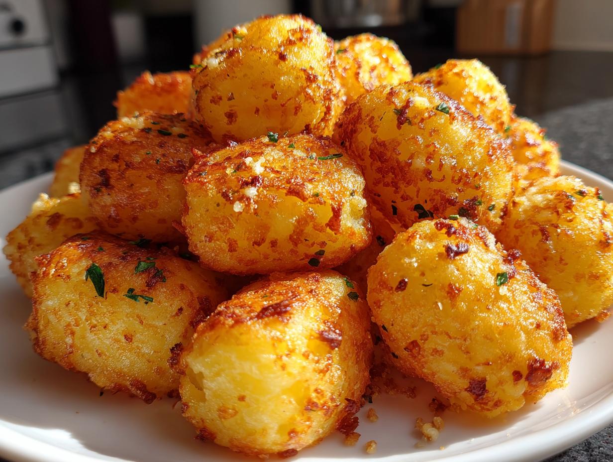 A close-up pile of golden brown, crispy air fryer gnocchi seasoned with herbs and garlic.