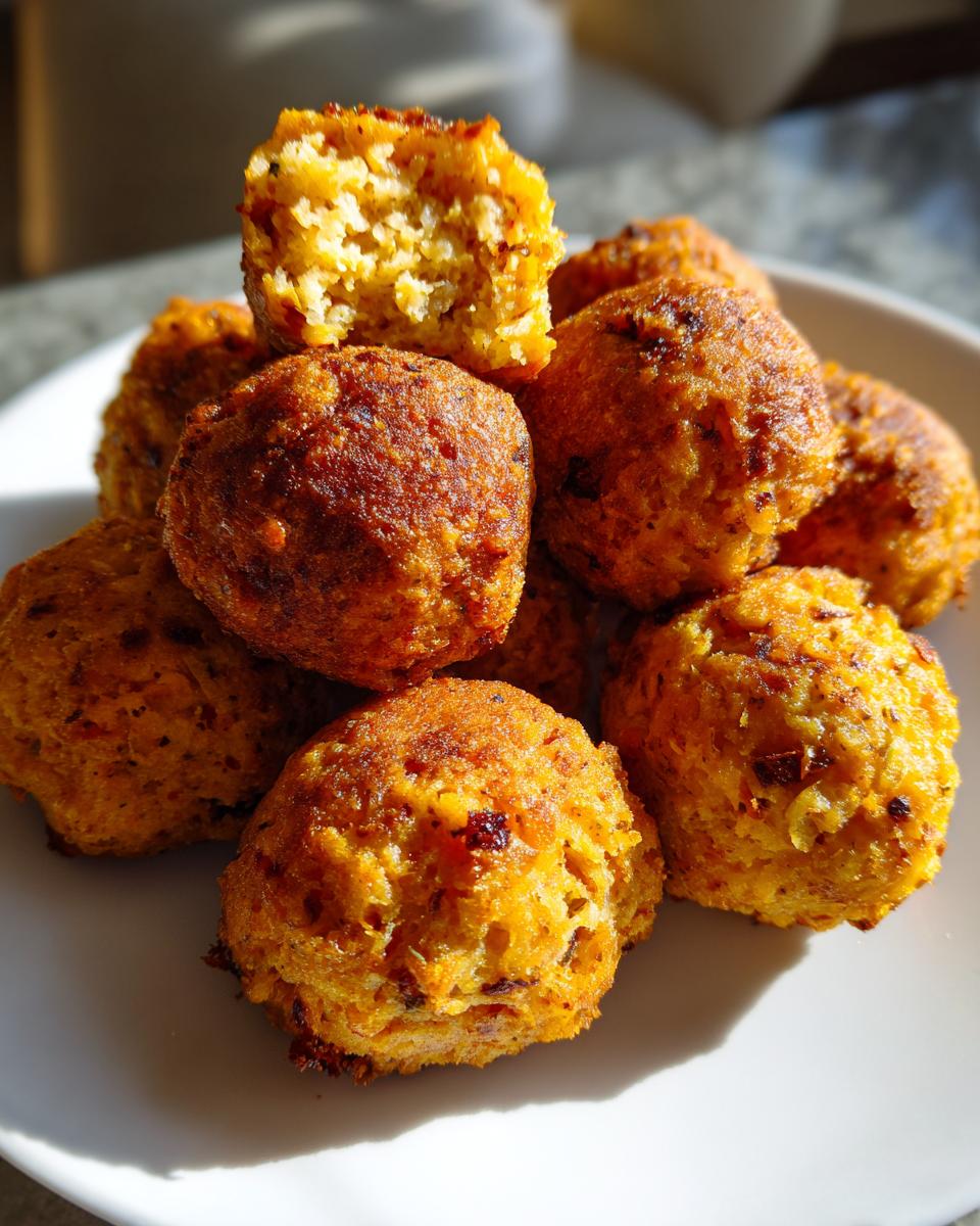 A stack of perfectly golden brown, crispy stuffing balls, one broken open to show the soft interior.