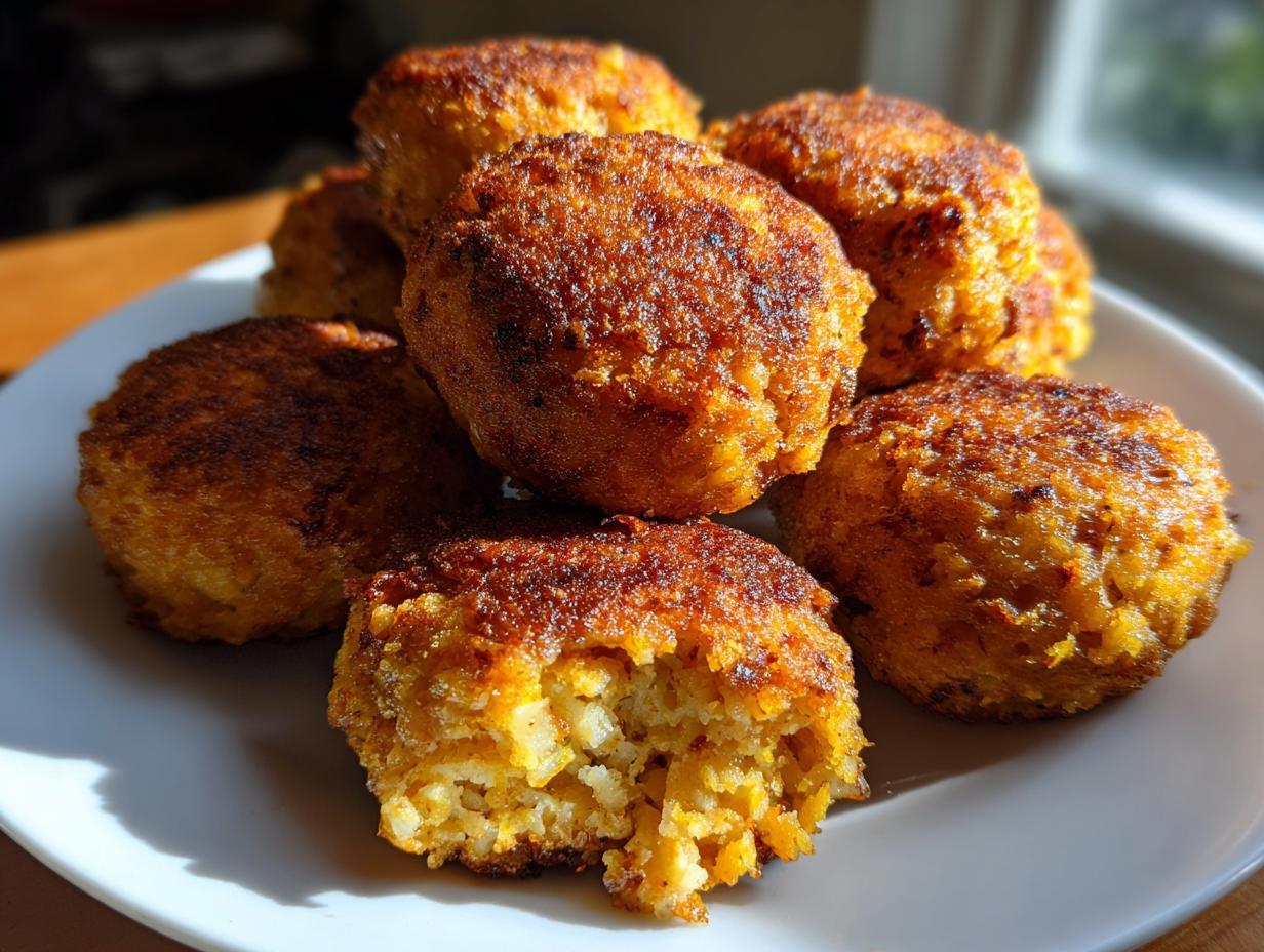 A stack of golden brown, crispy stuffing balls, one broken open to show the textured interior.