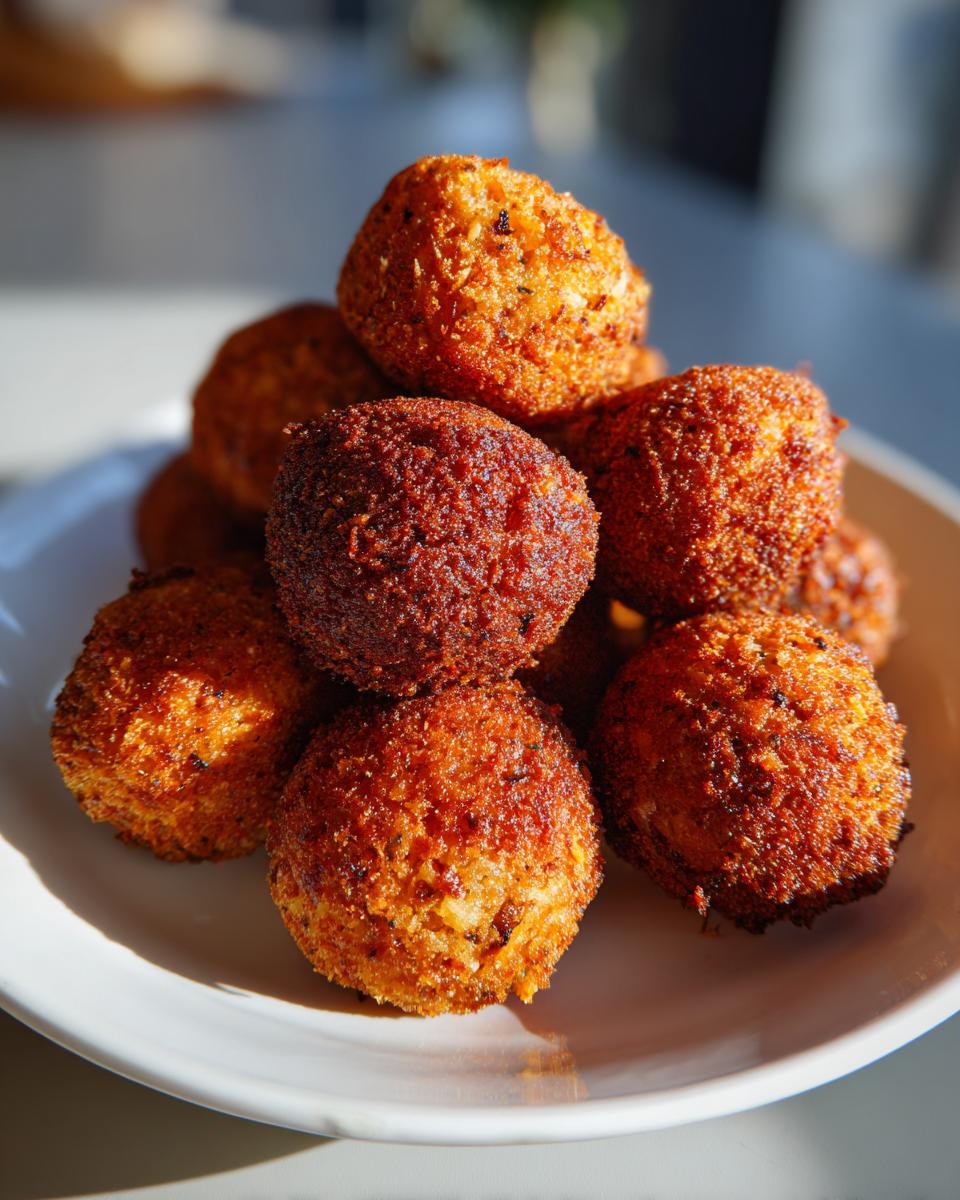 A pile of perfectly golden and crispy stuffing balls stacked high on a white plate, ready to serve.
