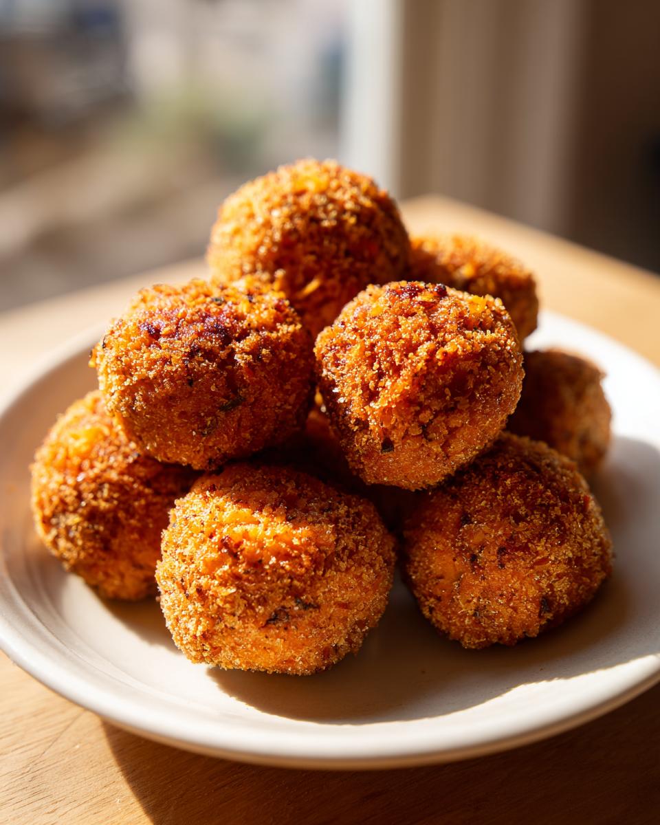 A stack of perfectly golden and crispy stuffing balls piled high on a light-colored plate, bathed in sunlight.