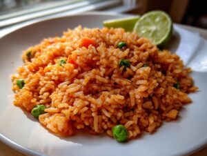 A close-up of a serving of vibrant Mexican rice recipe, mixed with green peas, served on a white plate with lime wedges.