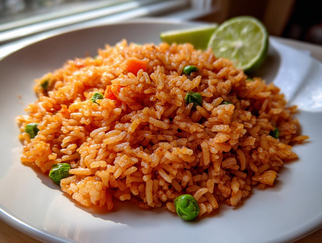A close-up of a serving of vibrant Mexican rice recipe, mixed with green peas, served on a white plate with lime wedges.