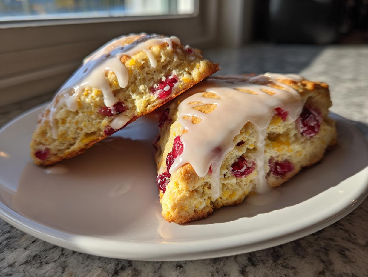 Two freshly baked cranberry orange scones, heavily drizzled with white glaze, sitting on a white plate near a window.