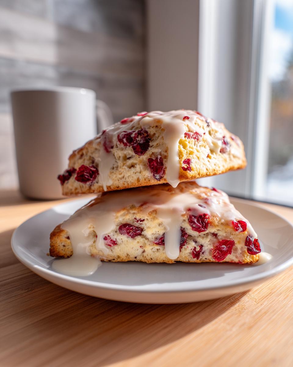 Two delicious cranberry orange scones stacked on a white plate, drizzled with white vanilla glaze.