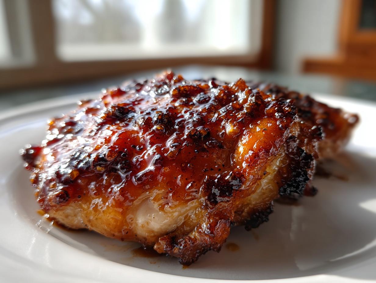 Close-up of a piece of juicy honey garlic chicken with a thick, caramelized, glossy glaze.